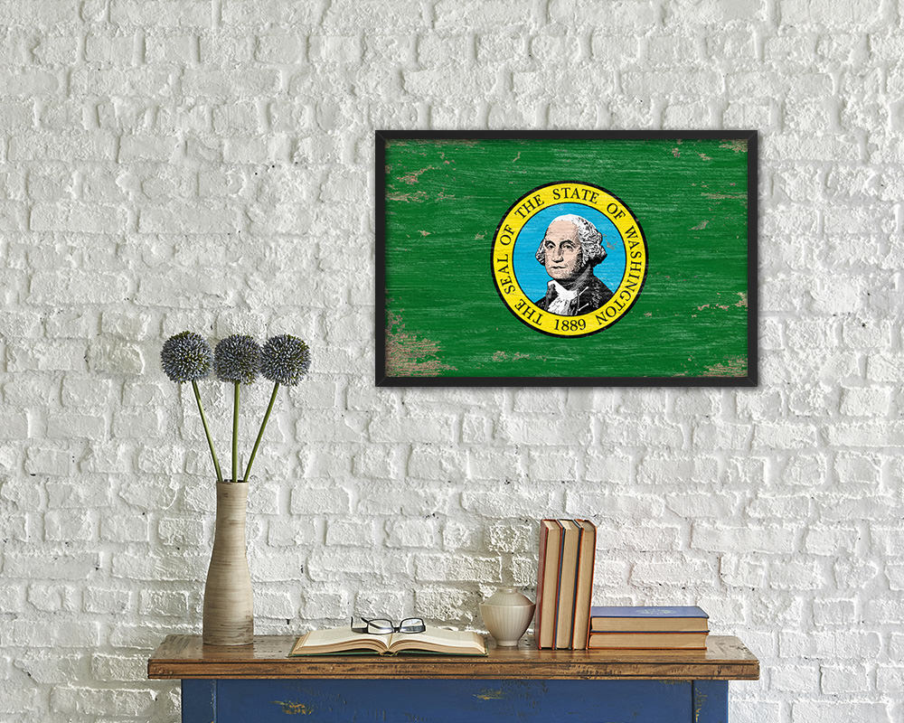 Washington State Shabby Chic Flag Wood Framed Paper Print Wall Art Decor Gifts