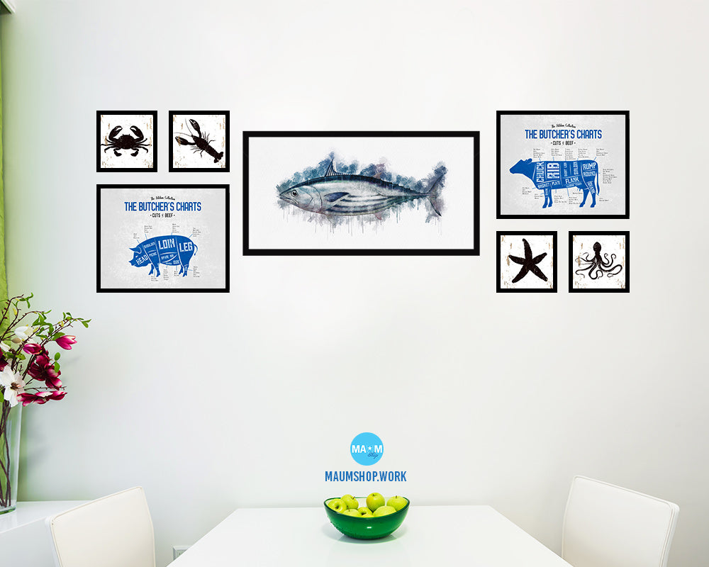 Skipjack Tuna Fish Art Wood Frame Modern Restaurant Sushi Wall Decor Gifts, 10" x 20"