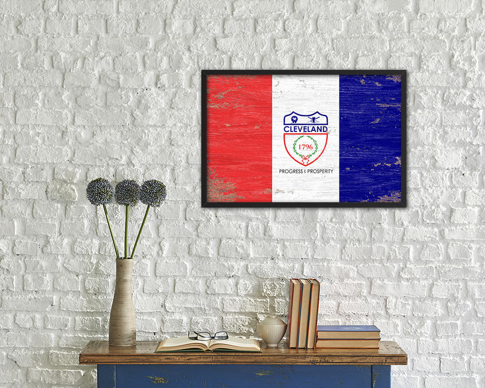 Cleveland City Ohio State Shabby Chic Flag Framed Prints Decor Wall Art Gifts