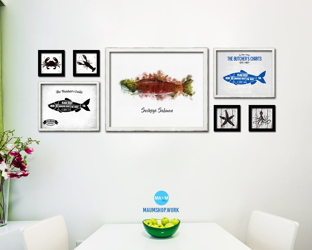Sockeye Salmon Fish Framed Prints Modern Restaurant Sushi Bar Watercolor Wall Art Decor
