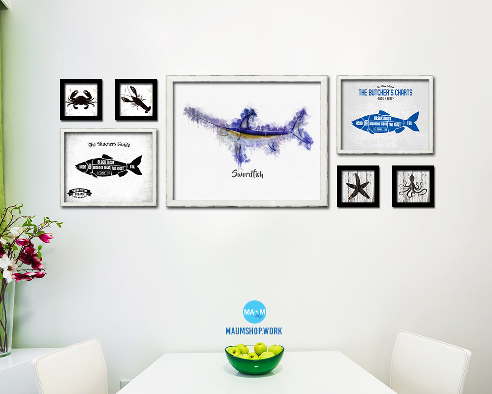 Swordfish Fish Framed Prints Modern Restaurant Sushi Bar Watercolor Wall Art Decor