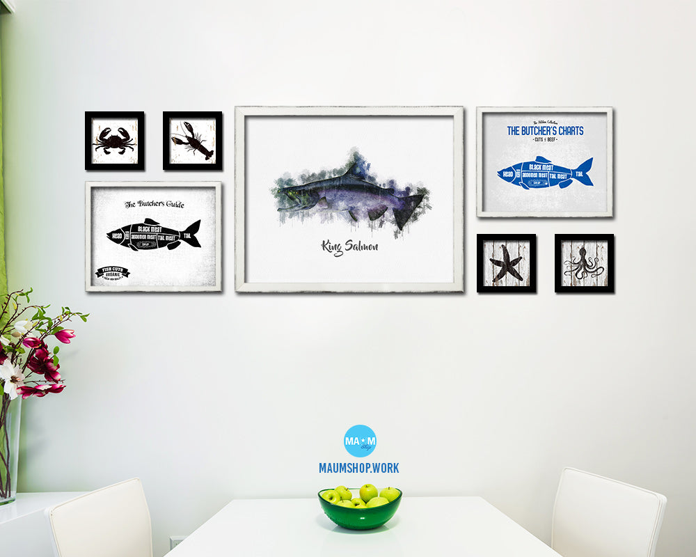 King Salmon Fish Framed Prints Modern Restaurant Sushi Bar Watercolor Wall Art Decor