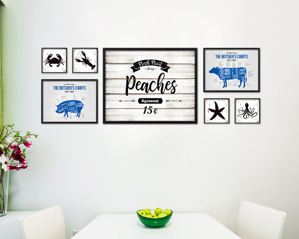 Fresh Fruit Peaches Vintage Sign Fine Art Paper Prints Wood Frame Wall Art Decor Gifts