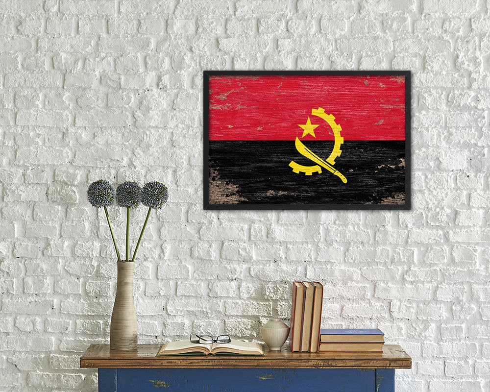 Angola Shabby Chic Country Flag Wood Framed Print Wall Art Decor Gifts