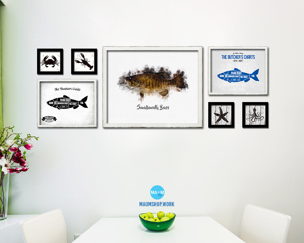 Smallmouth Bass Fish Framed Prints Modern Restaurant Sushi Bar Watercolor Wall Art Decor