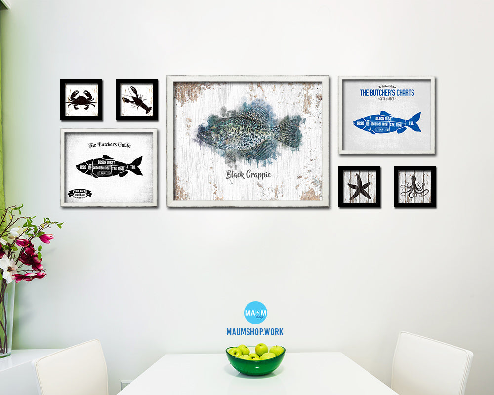 Black Crappie Fish Framed Prints Modern Restaurant Sushi Bar Watercolor Wall Art Decor
