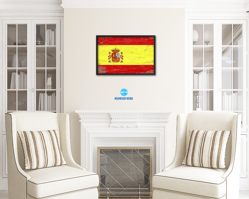 Spain Shabby Chic Country Flag Wood Framed Print Wall Art Decor Gifts