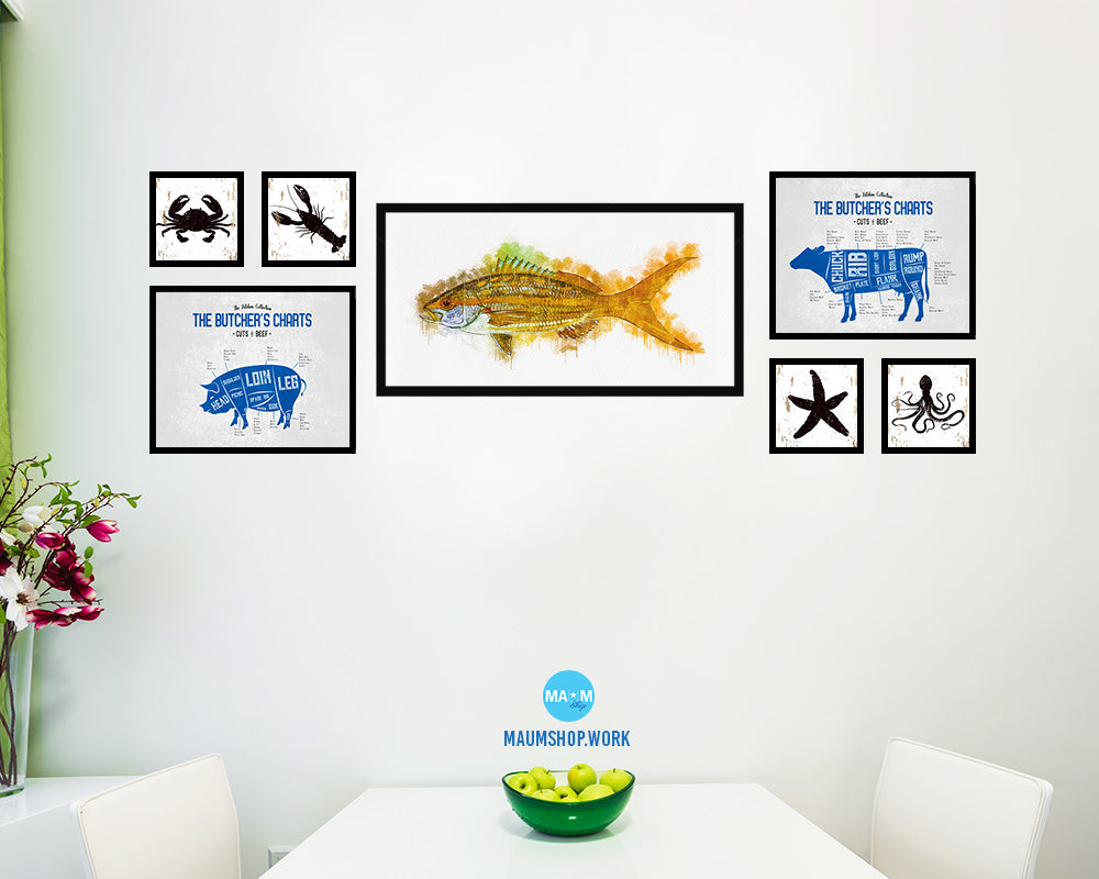 Yellowtail Snapper Fish Art Wood Frame Modern Restaurant Sushi Wall Decor Gifts, 10" x 20"
