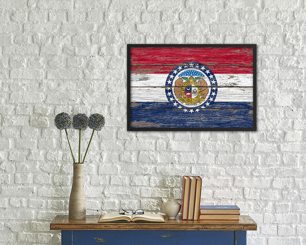 Missouri State Rustic Flag Wood Framed Paper Prints Wall Art Decor Gifts