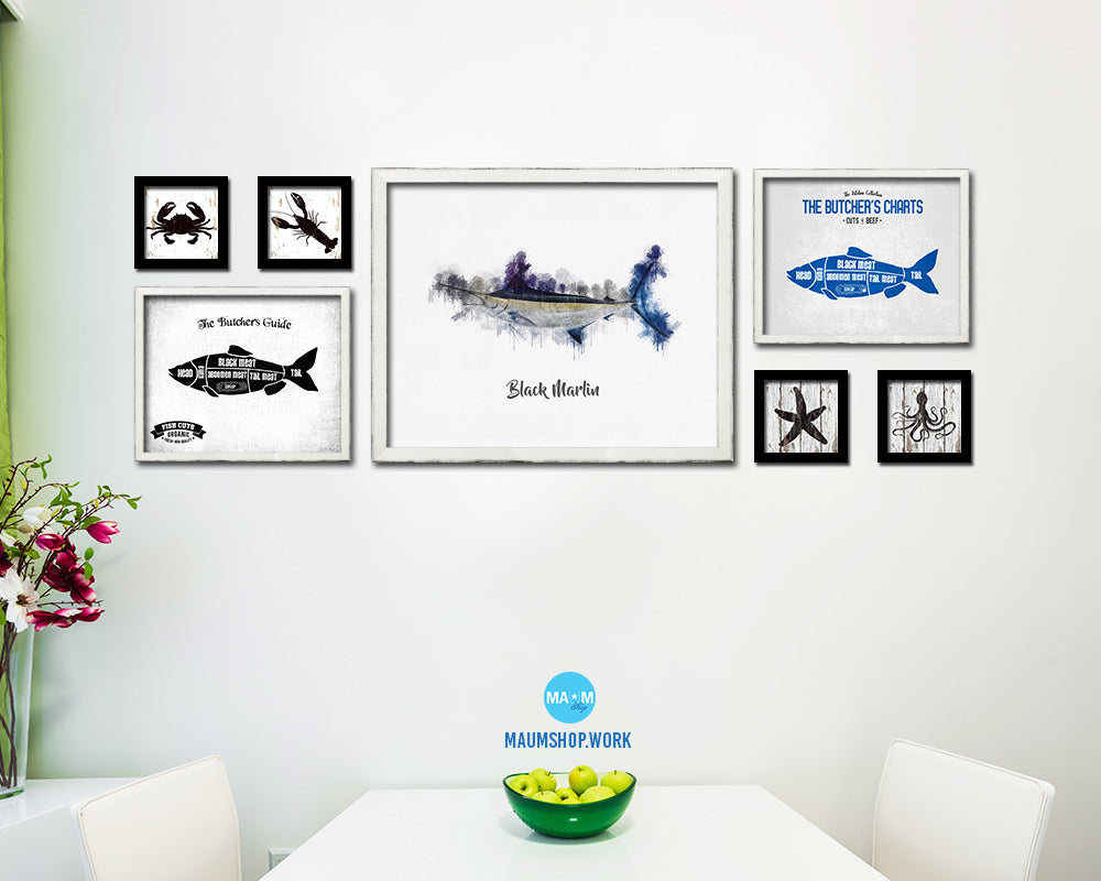 Black Marlin Fish Framed Prints Modern Restaurant Sushi Bar Watercolor Wall Art Decor