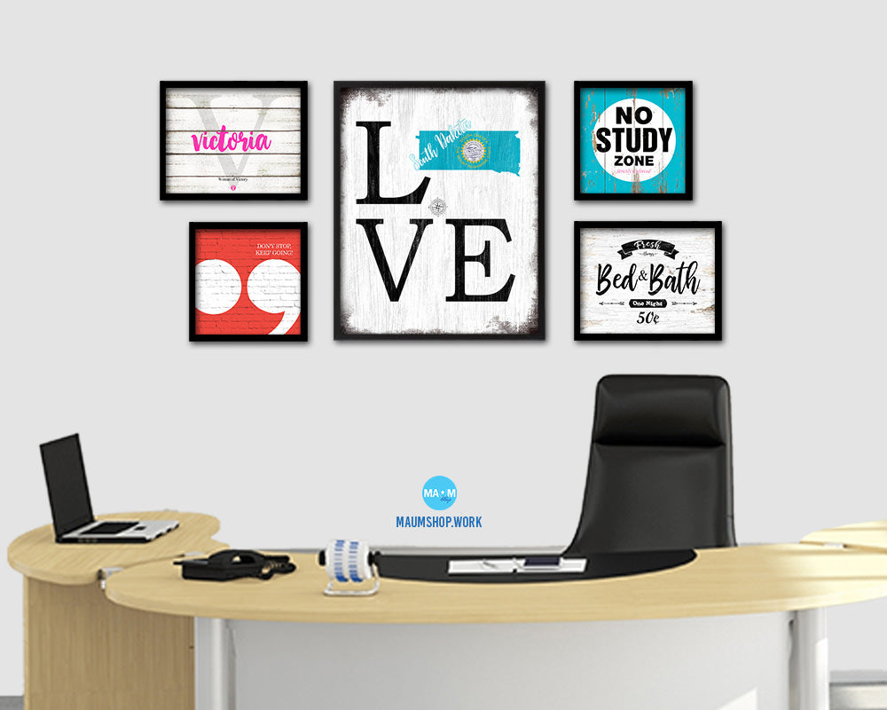 South Dakota Shabby Chic Love Sign Wood Framed Paper Print Decor Wall Art Gifts