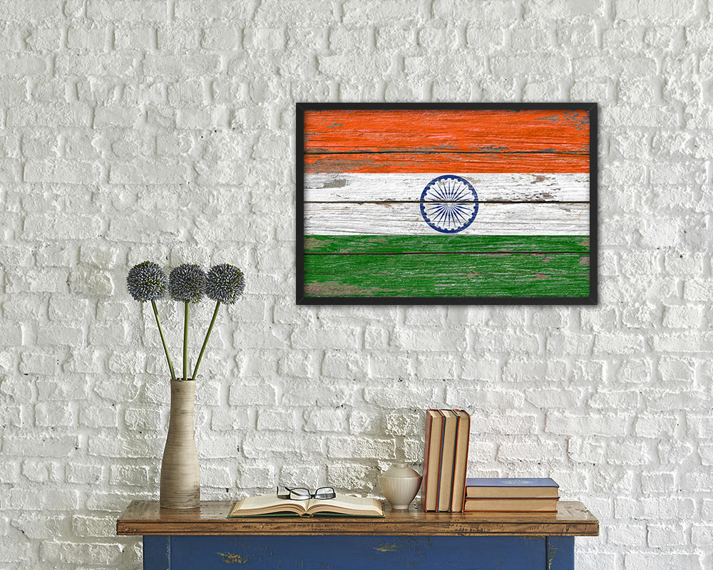 India Country Wood Rustic National Flag Wood Framed Print Wall Art Decor Gifts