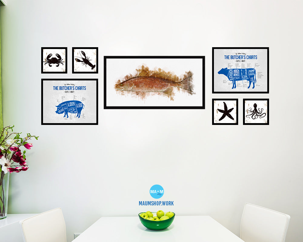 Red Drum Fish Art Wood Frame Modern Restaurant Sushi Wall Decor Gifts, 10" x 20"