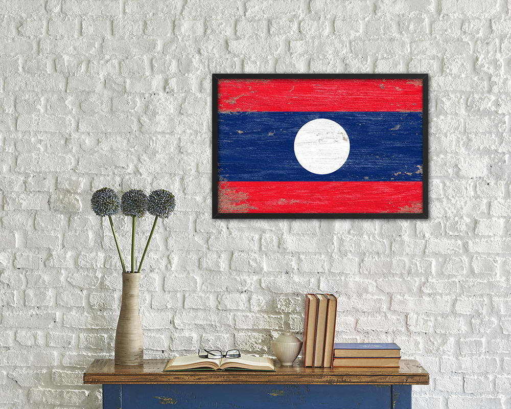 Laos Shabby Chic Country Flag Wood Framed Print Wall Art Decor Gifts