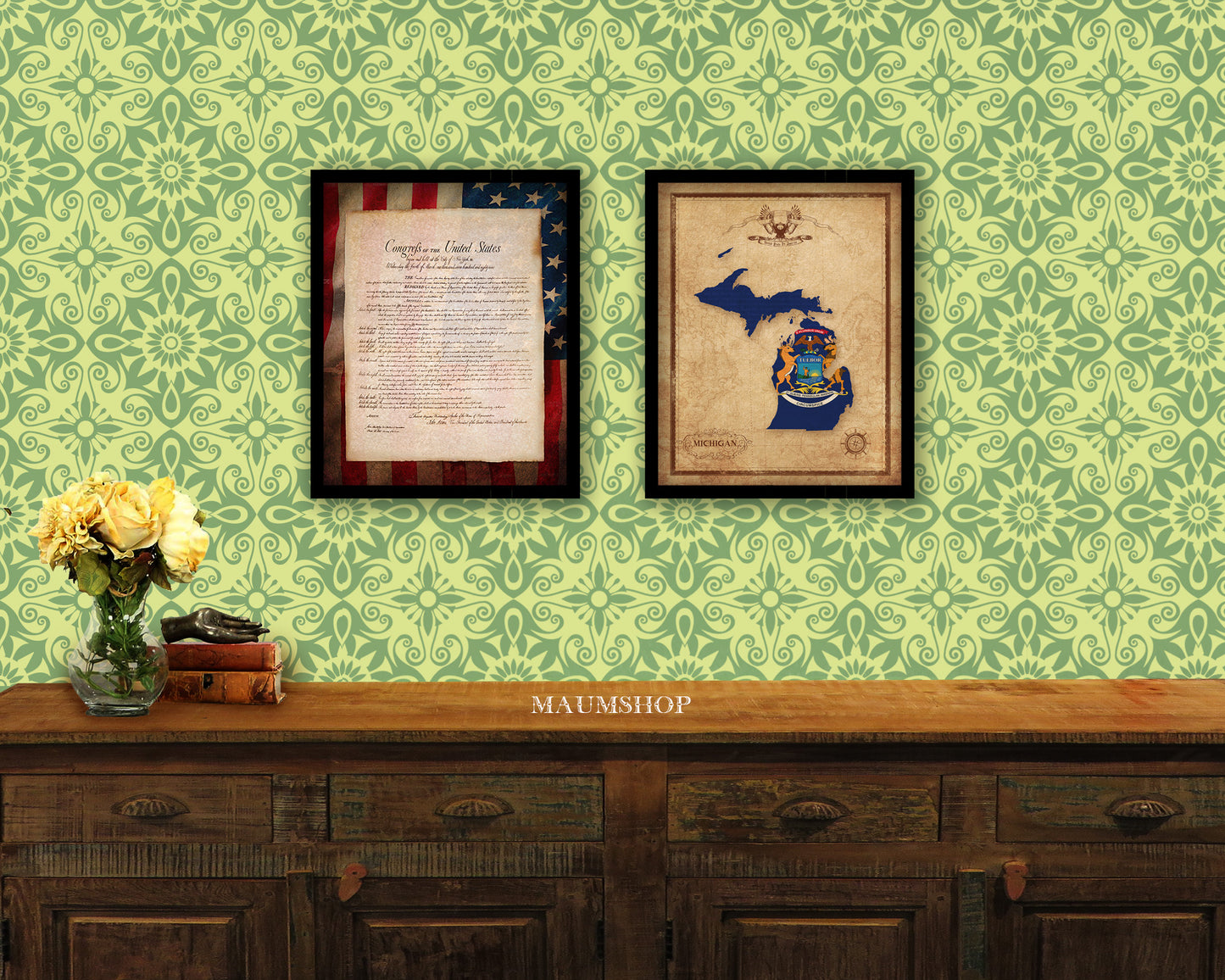 Michigan State Vintage Map Wood Framed Paper Print Wall Art Decor Gifts