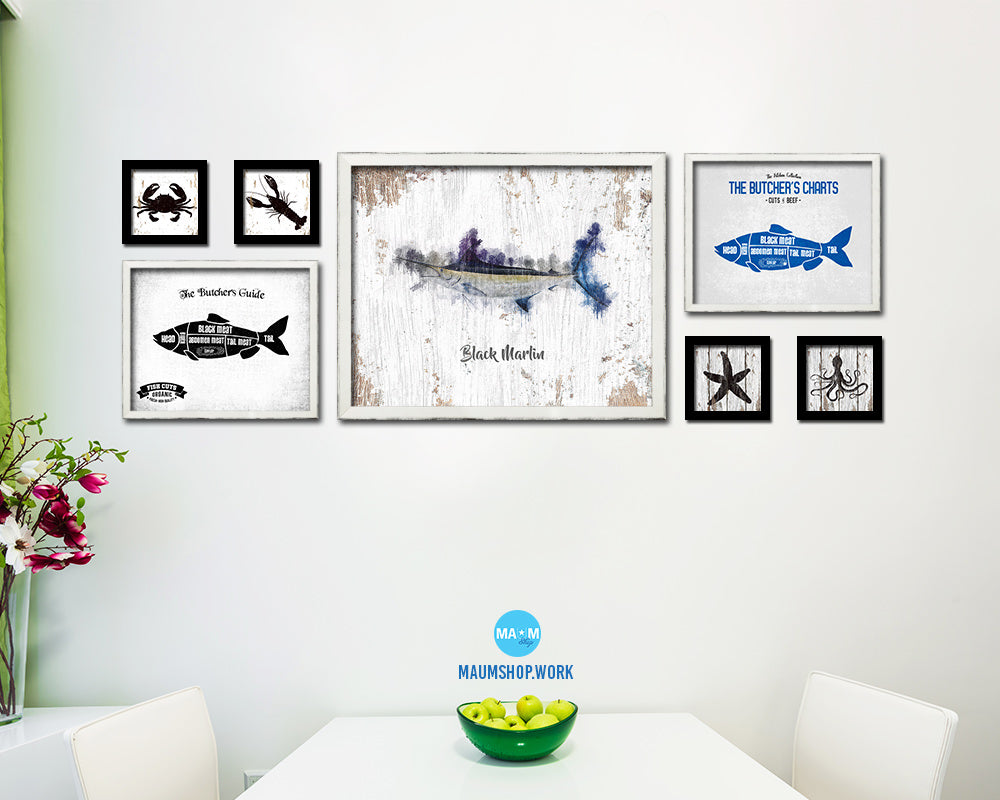 Black Marlin Fish Framed Prints Modern Restaurant Sushi Bar Watercolor Wall Art Decor
