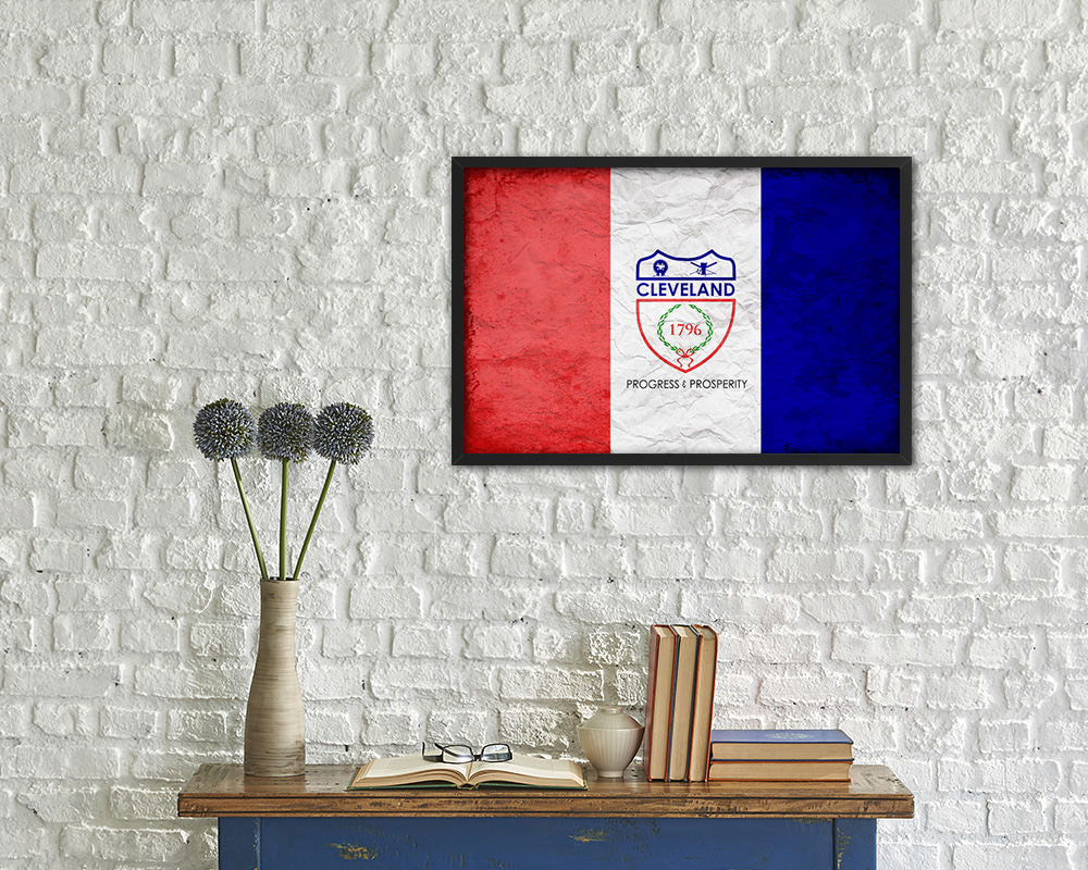 Cleveland City Ohio State Vintage Flag Wood Framed Prints Decor Wall Art Gifts