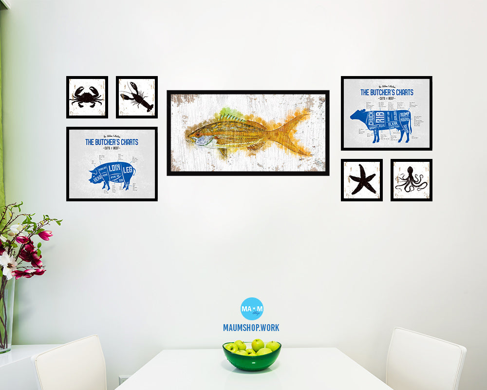 Yellowtail Snapper Fish Art Wood Frame Shabby Chic Restaurant Sushi Wall Decor Gifts, 10" x 20"