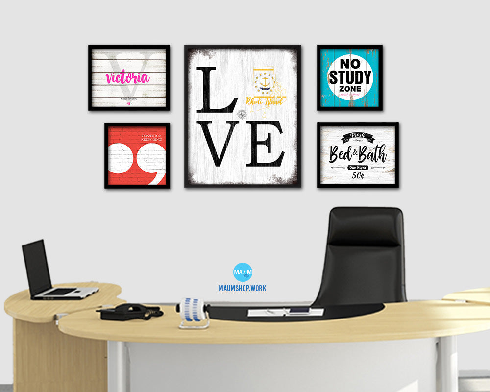 Rhode Island Shabby Chic Love Sign Wood Framed Paper Print Decor Wall Art Gifts