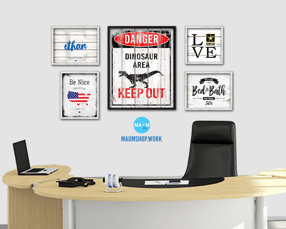 Dinosaur area keep out Notice Danger Sign Framed Print Home Decor Wall Art Gifts