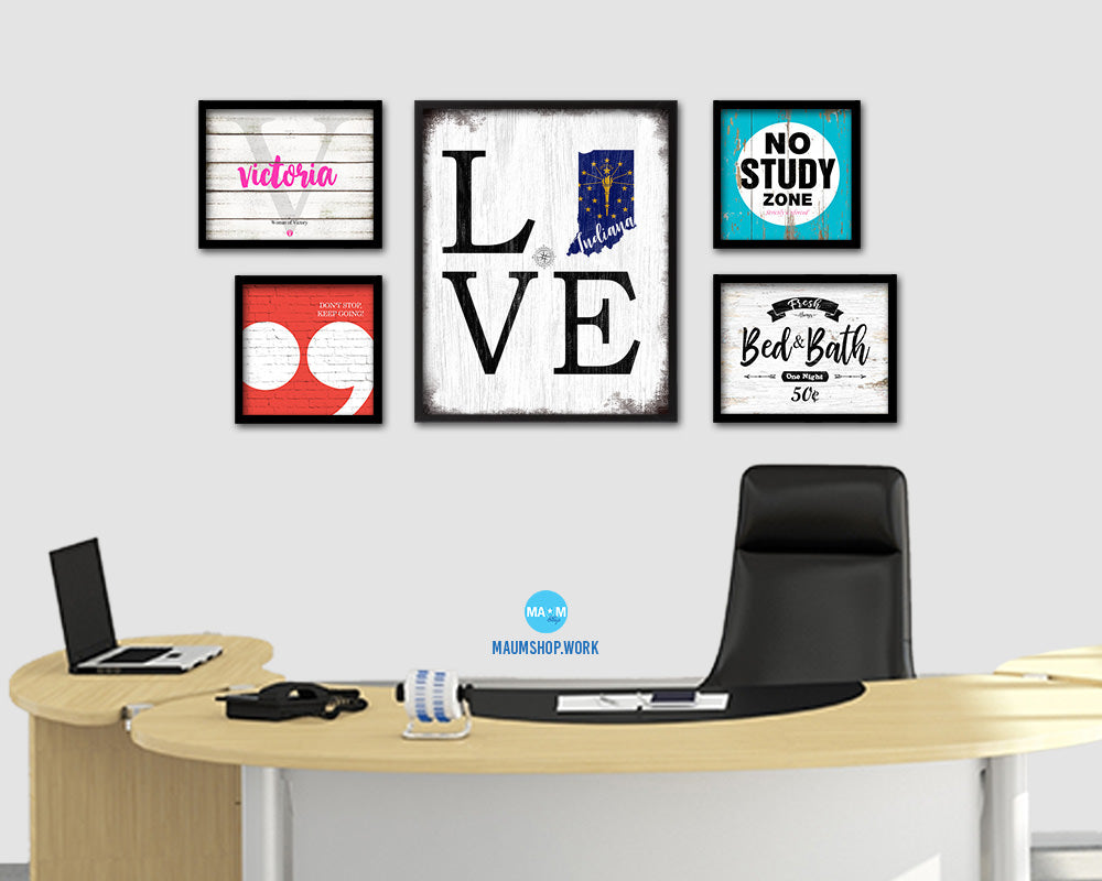 Indiana Shabby Chic Love Sign Wood Framed Paper Print Decor Wall Art Gifts