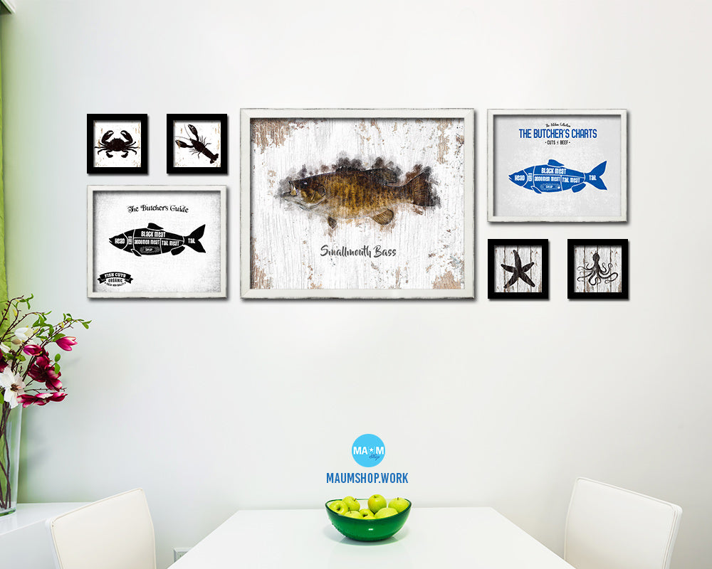 Smallmouth Bass Fish Framed Prints Modern Restaurant Sushi Bar Watercolor Wall Art Decor