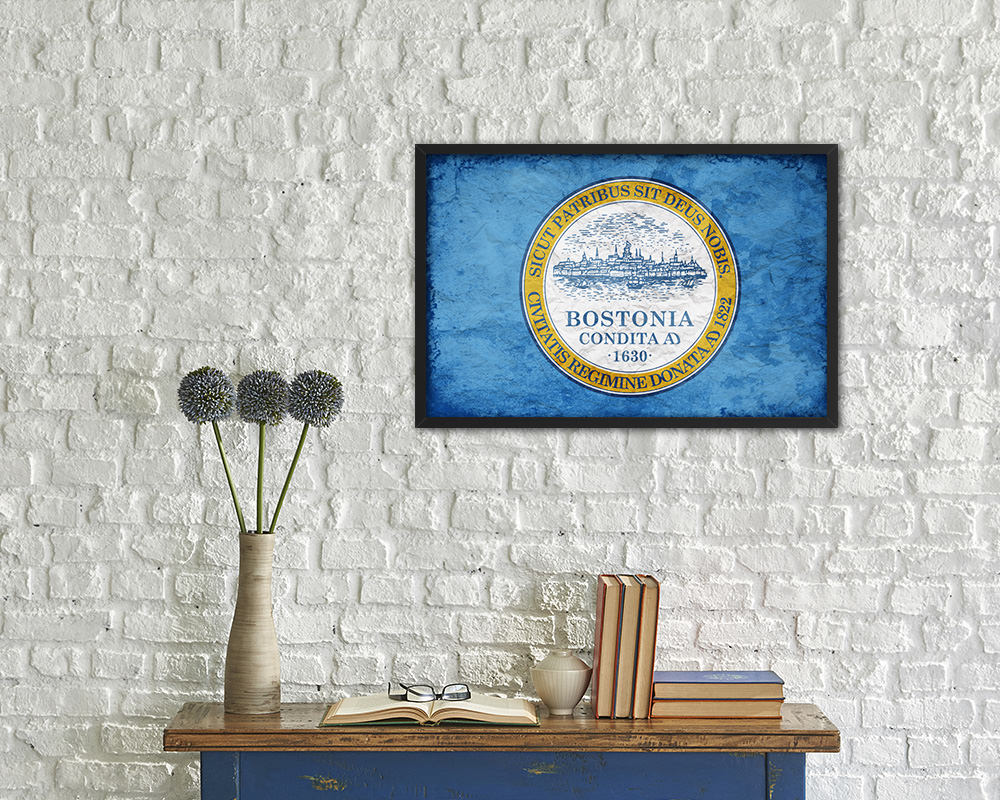 Boston City Massachusetts State Vintage Flag Wood Framed Prints Decor Wall Art Gifts