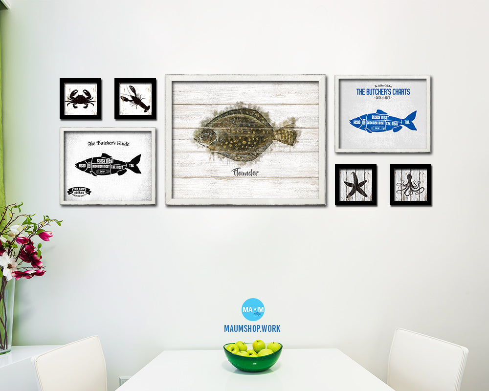 Flounder Fish Framed Prints Modern Restaurant Sushi Bar Watercolor Wall Art Decor