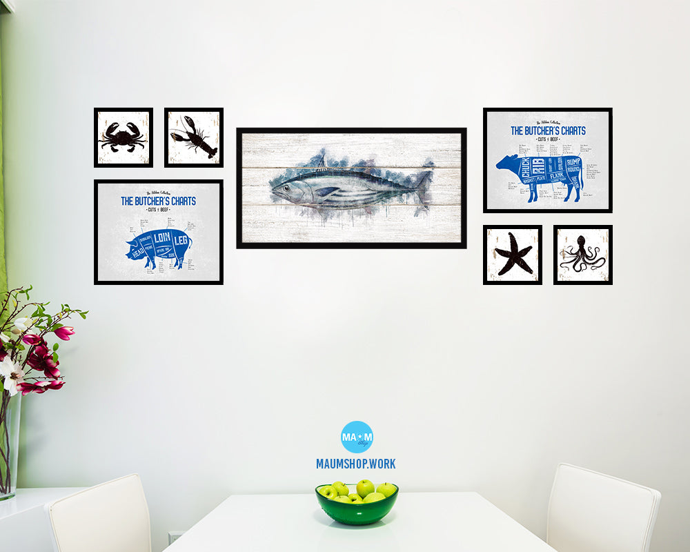 Skipjack Tuna Fish Art Wood Framed White Wash Restaurant Sushi Wall Decor Gifts, 10" x 20"