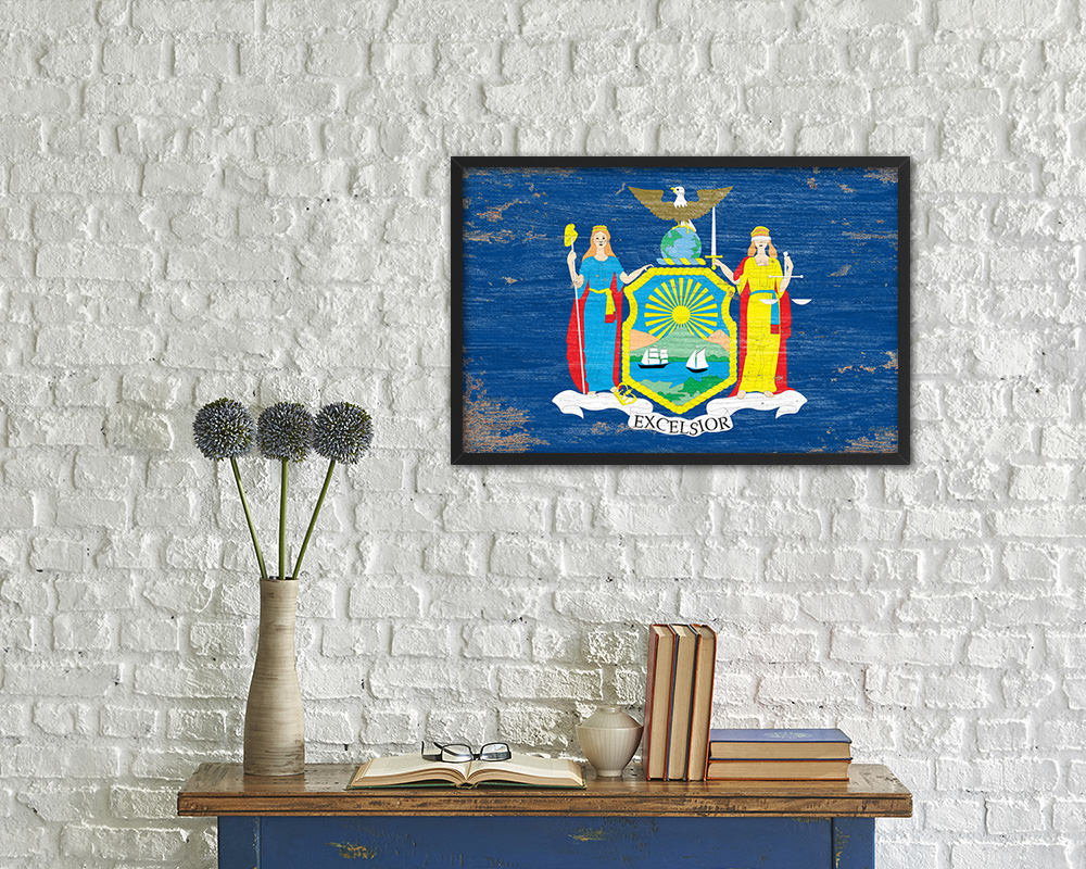 New York State Shabby Chic Flag Wood Framed Paper Print Wall Art Decor Gifts