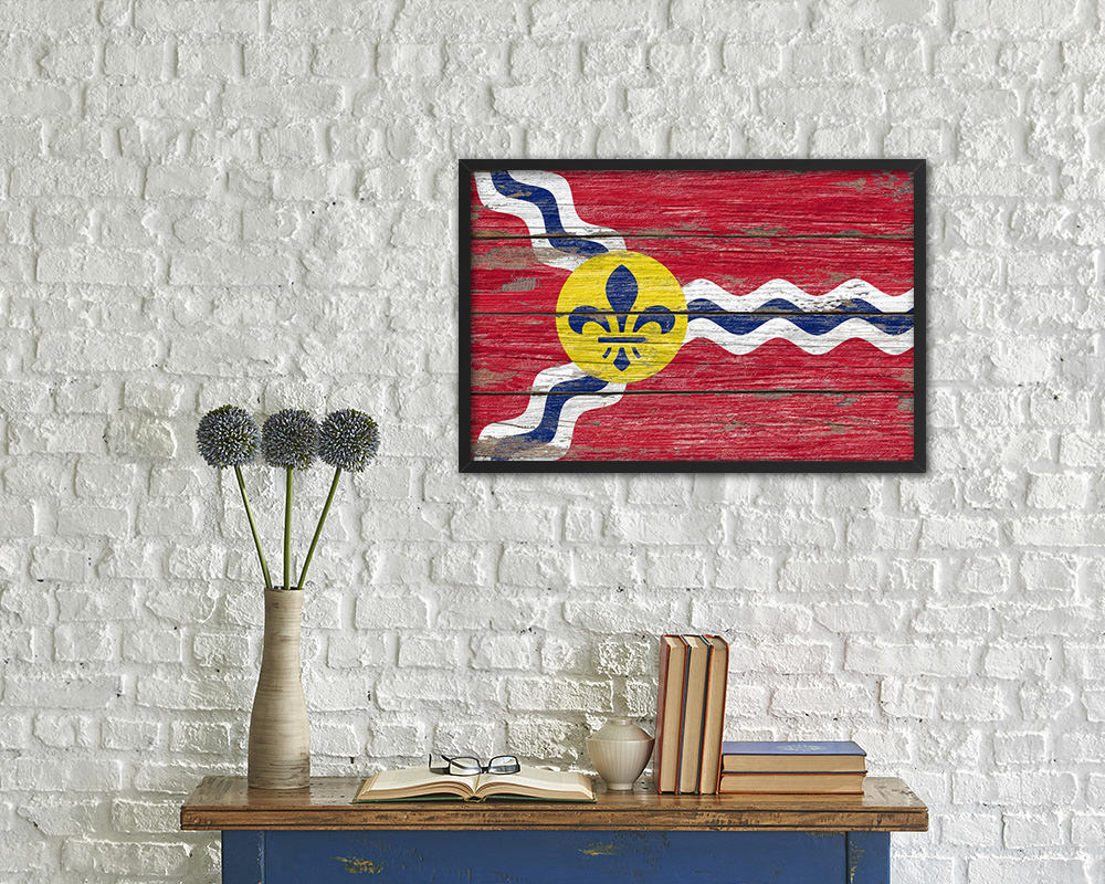 St Louis City Missouri State Rustic Flag Wood Framed Paper Prints Decor Wall Art Gifts