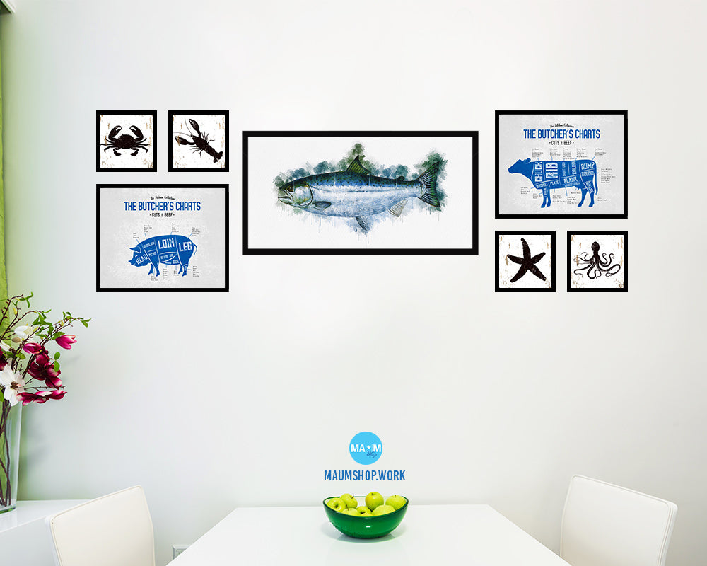 Salmon Fish Art Wood Frame Modern Restaurant Sushi Wall Decor Gifts, 10" x 20"