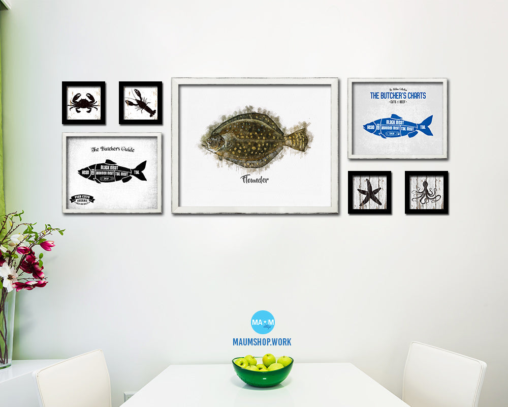 Flounder Fish Framed Prints Modern Restaurant Sushi Bar Watercolor Wall Art Decor