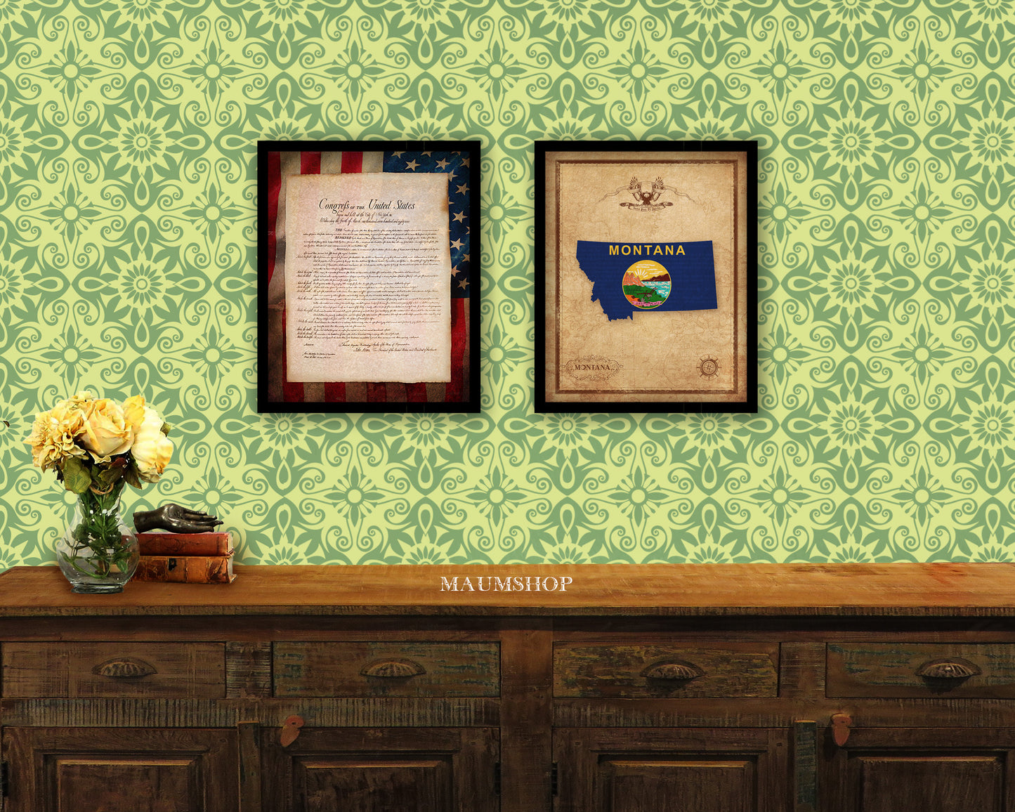 Montana State Vintage Map Wood Framed Paper Print Wall Art Decor Gifts