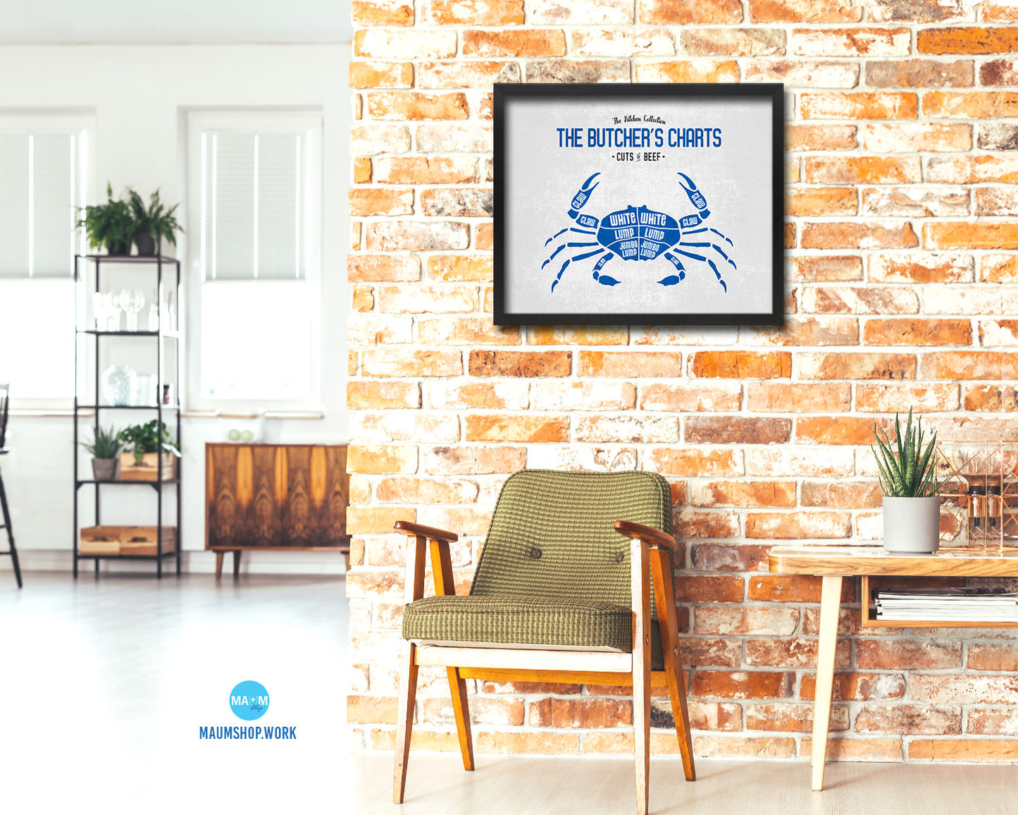 Crab  Meat Cuts Butchers Chart Wood Framed Paper Print Home Decor Wall Art Gifts