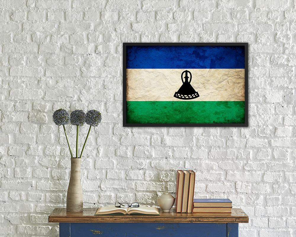 Lesotho Country Vintage Flag Wood Framed Print Wall Art Decor Gifts