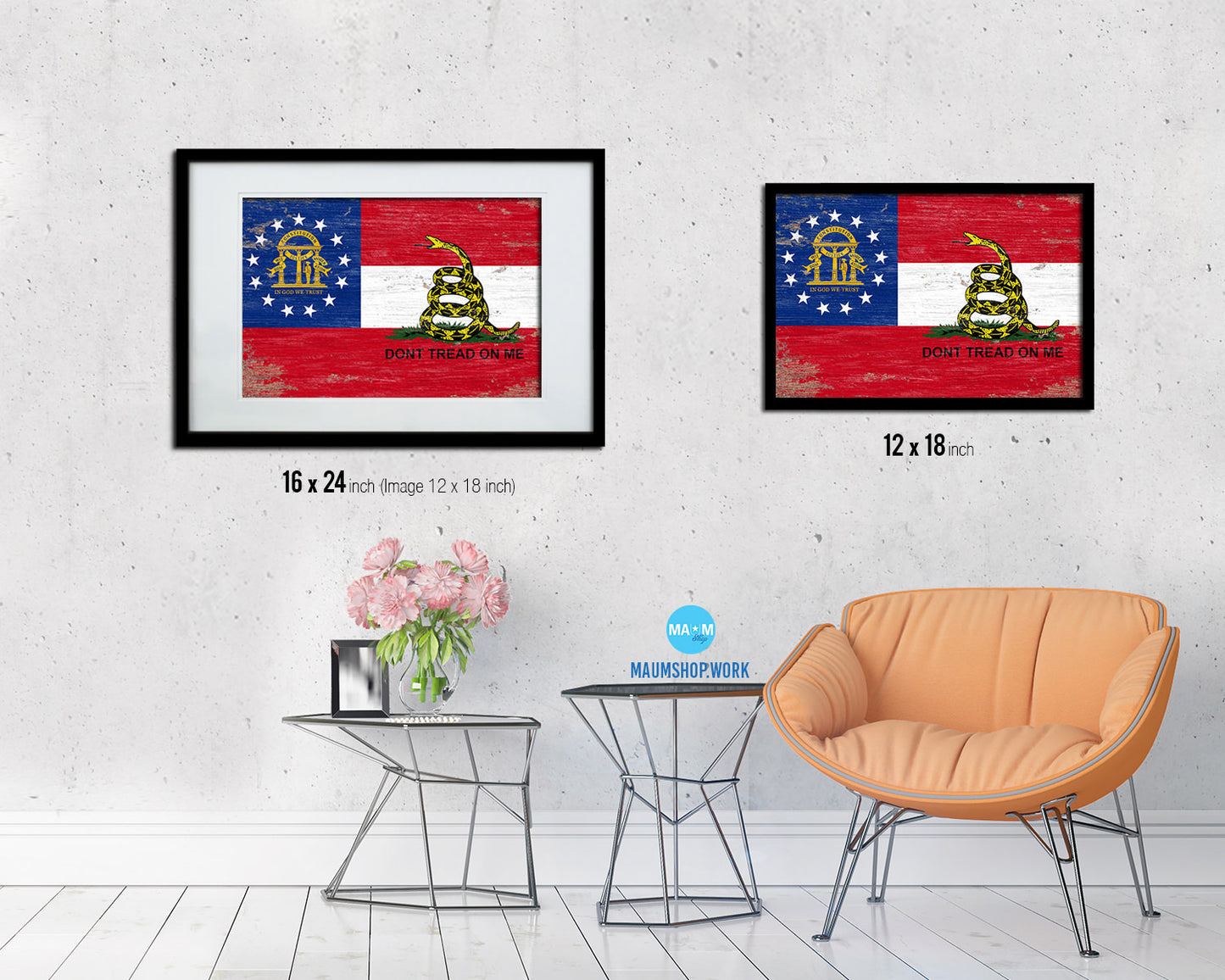 Gadsden Don't Tread On Me Georgia State Shabby Chic Military Flag Framed Print Art