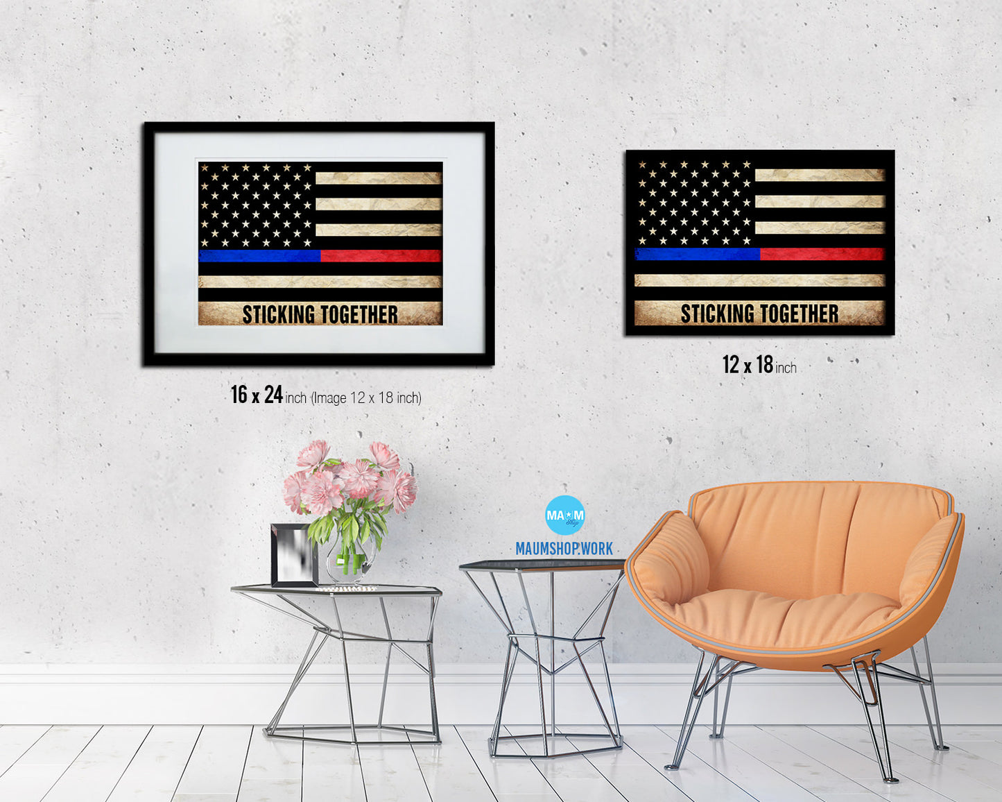 Thin Blue Line Police & Thin Red Line Firefighter Respect, Sticking Together Vintage Military Flag Art