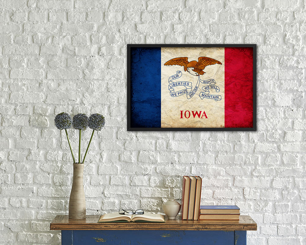 Iowa State Vintage Flag Wood Framed Paper Print Wall Art Decor Gifts
