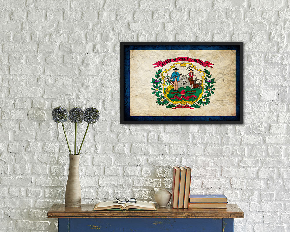 West Virginia State Vintage Flag Wood Framed Paper Print Wall Art Decor Gifts