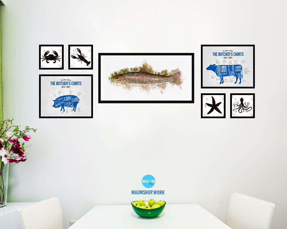 Rainbow Trout Fish Art Wood Frame Modern Restaurant Sushi Wall Decor Gifts, 10" x 20"