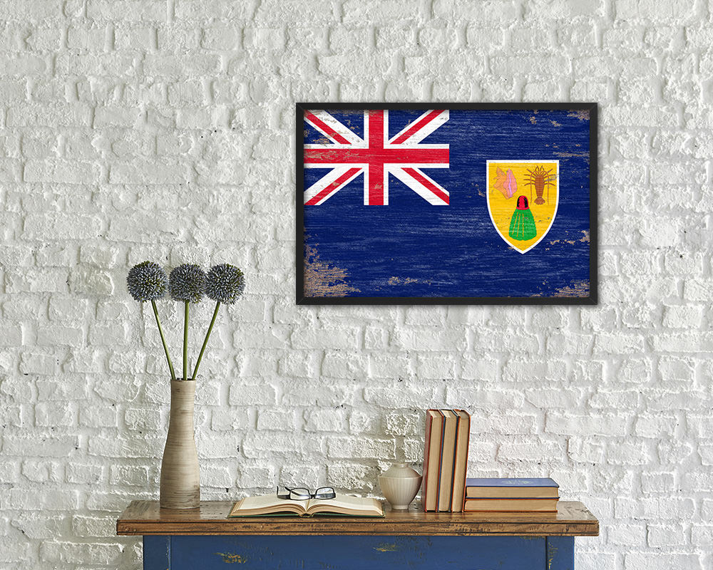 Turks & Caicos Islands Shabby Chic Country Flag Wood Framed Print Wall Art Decor Gifts