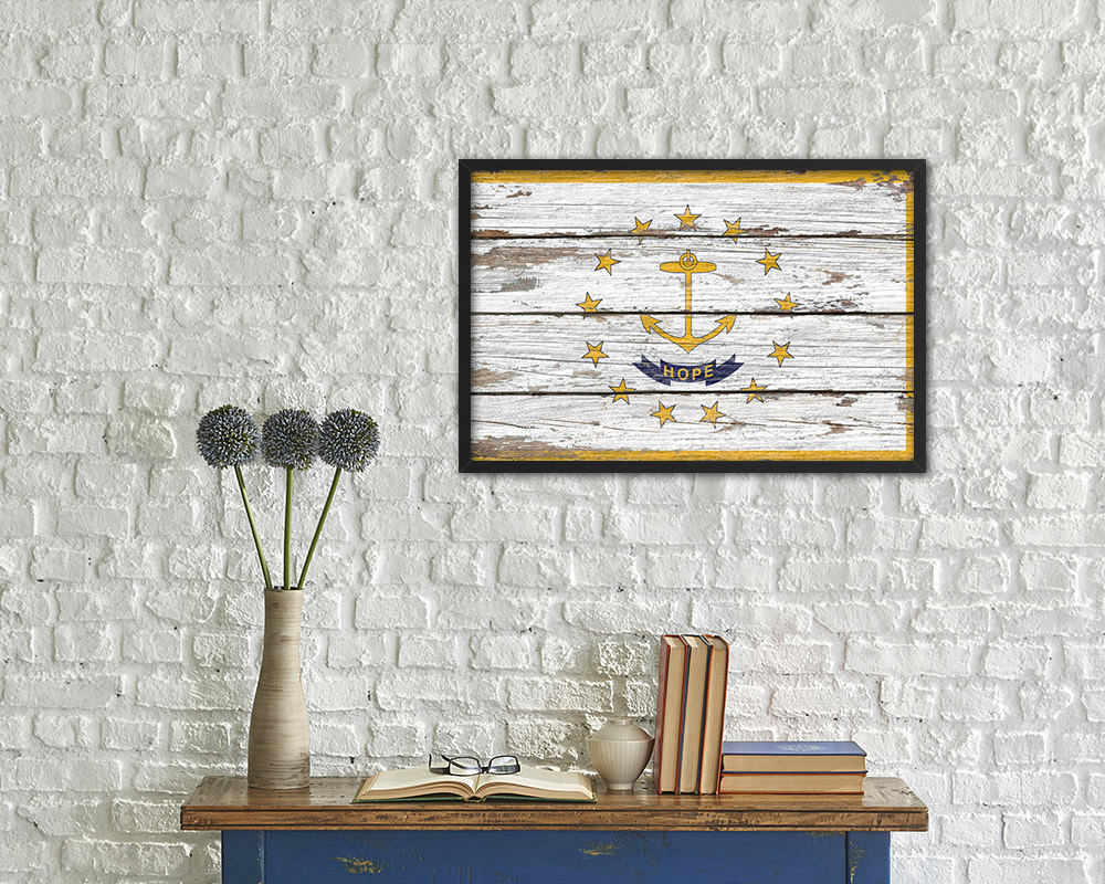Rhode Island State Rustic Flag Wood Framed Paper Prints Wall Art Decor Gifts