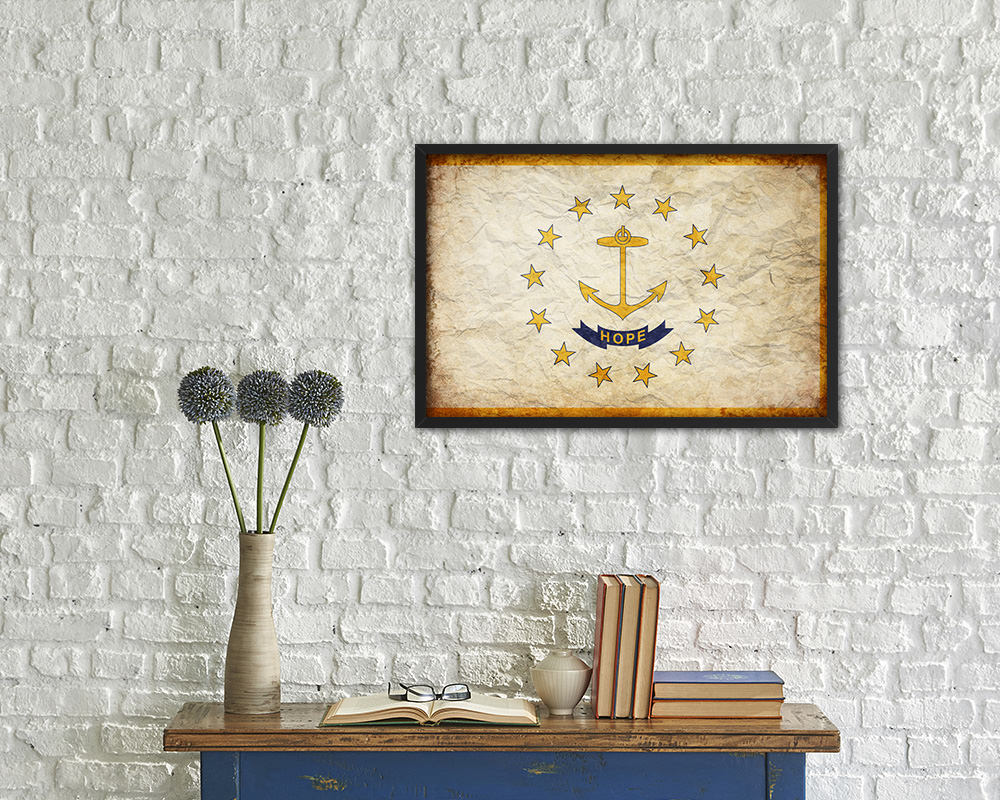 Rhode Island State Vintage Flag Wood Framed Paper Print Wall Art Decor Gifts