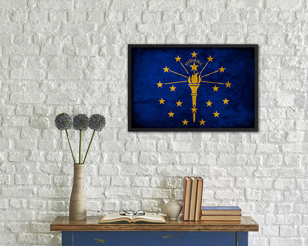 Indiana State Vintage Flag Wood Framed Paper Print Wall Art Decor Gifts