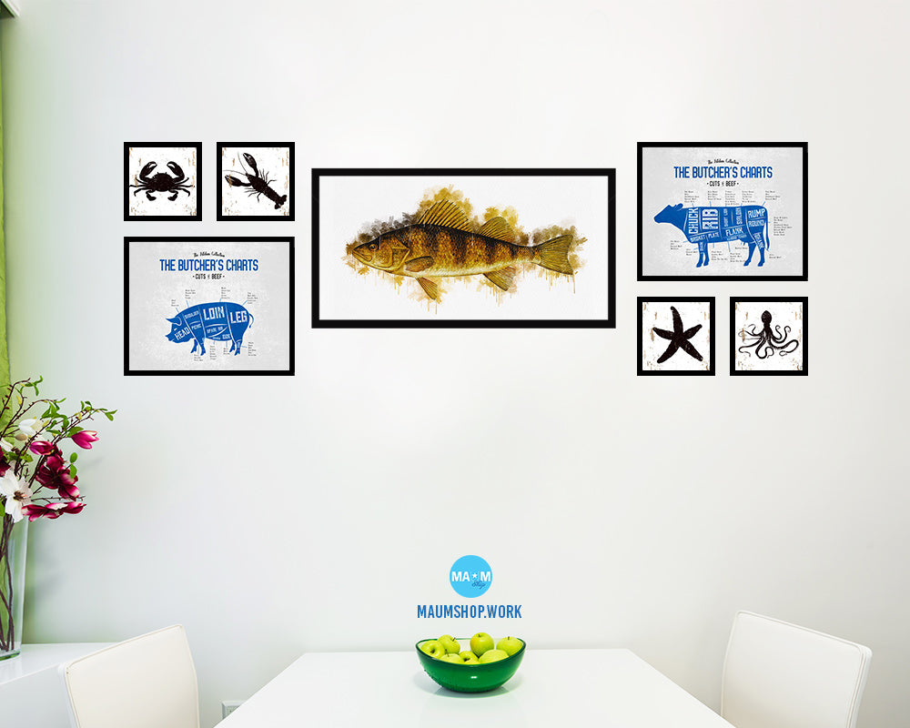 Yellow Perch Fish Art Wood Frame Modern Restaurant Sushi Wall Decor Gifts, 10" x 20"