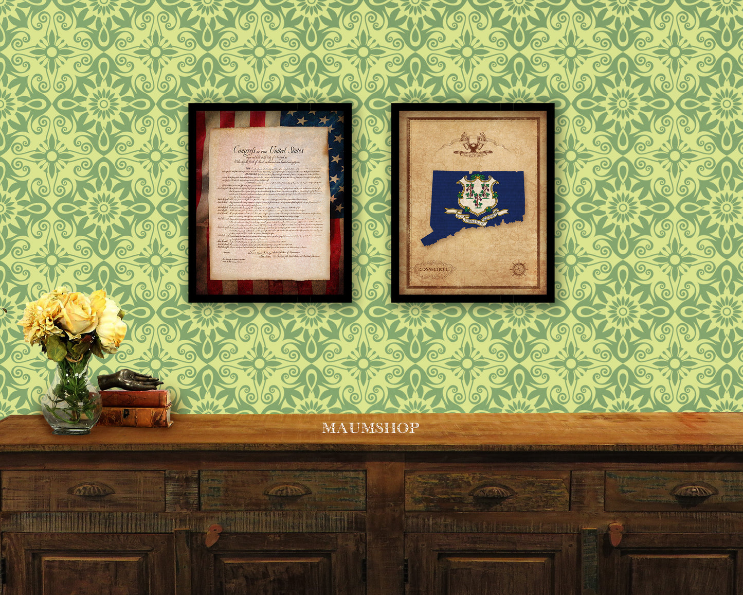 Connecticut State Vintage Map Wood Framed Paper Print Wall Art Decor Gifts