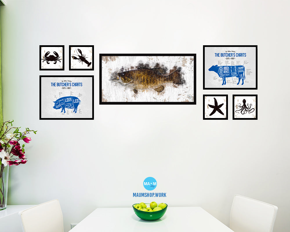 Smallmouth Bass Fish Art Wood Frame Shabby Chic Restaurant Sushi Wall Decor Gifts, 10" x 20"
