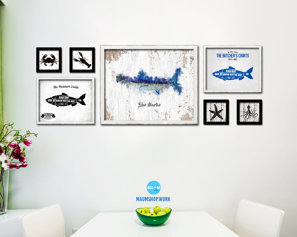 Blue Marlin Fish Framed Prints Modern Restaurant Sushi Bar Watercolor Wall Art Decor