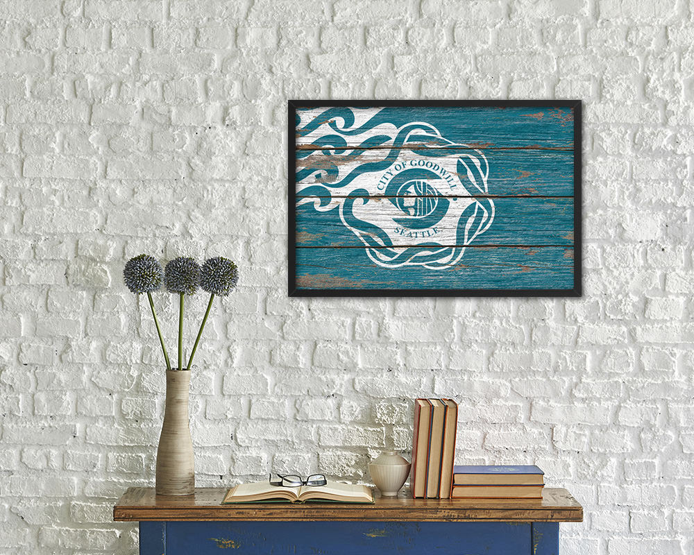 Seattle City Washington State Rustic Flag Wood Framed Paper Prints Decor Wall Art Gifts